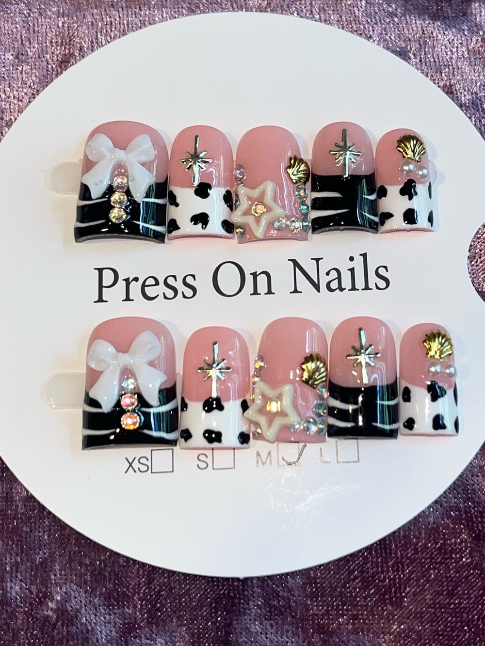 Pink & Black Cow Print Press-On Nail Set with Gems